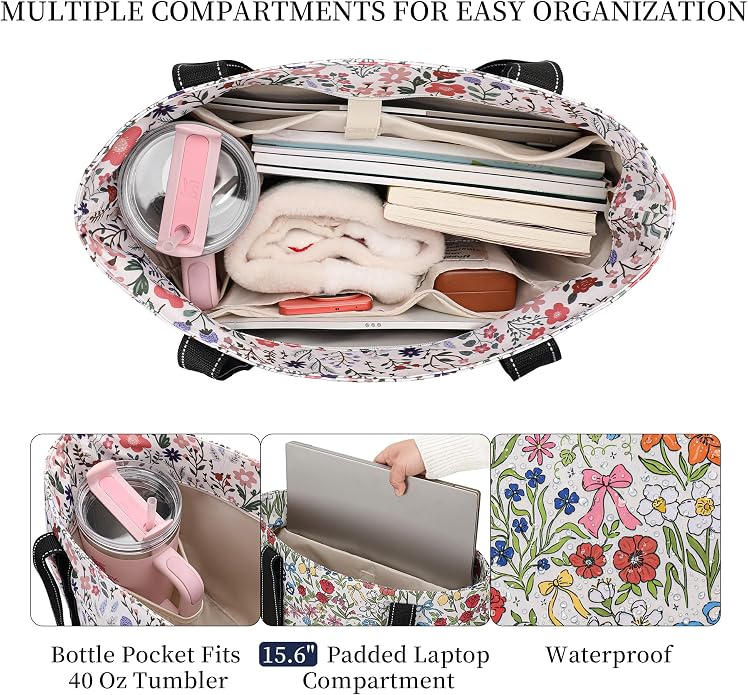 Tote Bag for Women with Laptop Compartment & Cup Holder,Nylon Bag for Work,Travel,Gym,Beach,Teacher,Nurse,School,Mom - Image 5