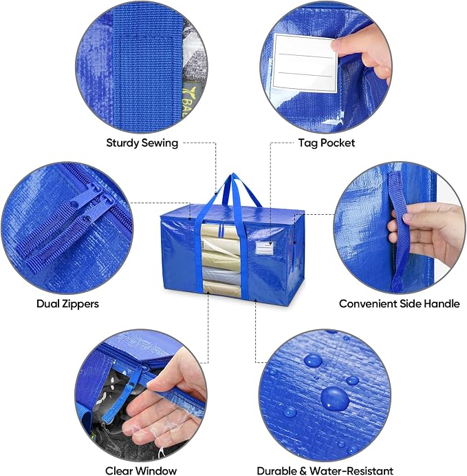 BALEINE 4-Pack Oversized Moving Bags with Reinforced Handles, Heavy-Duty Storage Tote Moving Supplies for Packaging, Camping (Blue w/Window, 4-Pack) - Image 3