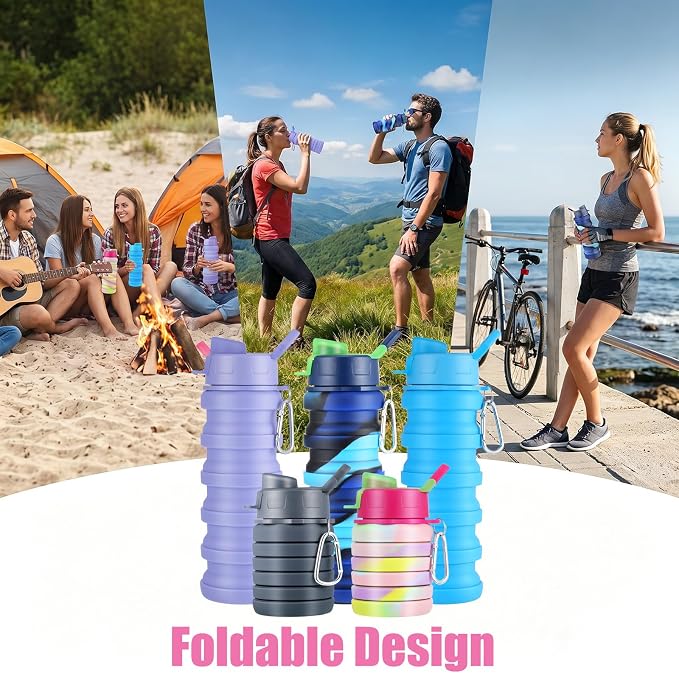 5 Pcs Collapsibles Water Bottles, 16 oz Portable Water Bottle with | Metal Clip Foldable Silicone Leakproof Travel Waters Bottle Reusable Sports Waters Bottles for Travel Camping Hiking Cycling - Image 7