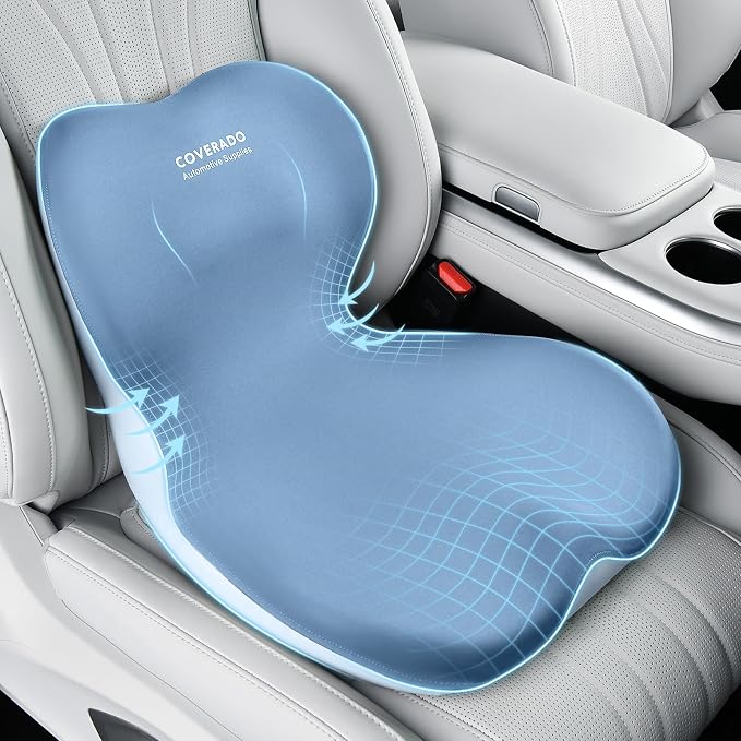 Coverado Car Seat Cushion and Lumbar Support Pillow One Piece, Memory Foam Ergonomic Back Support Driving Seat Cushion for Back Pain, Non-Slip Washable Cushion for Car, Driver, Office by COVERADOAUTO