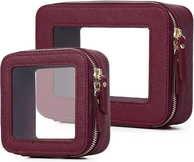 Pinkmik Clear Makeup Bag, (Burgundy, M+MINI) | 2PC,Waterproof, Travel Case for Cosmetics and Toiletries, Women's Purse Organizer, Clear Car Bag with Zipper by Pinkmik