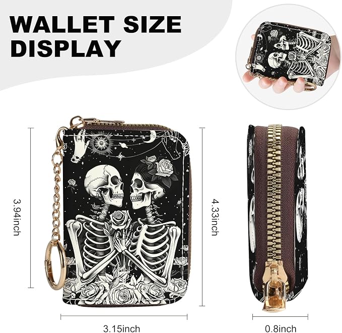 Credit Card Holder for Women,Small Rfid Wallet with Keychain Zipper,Cute PU Leather Card Case Wallet，Accordion Credit Card Wallets Gift,Skeleton Couple - Image 4