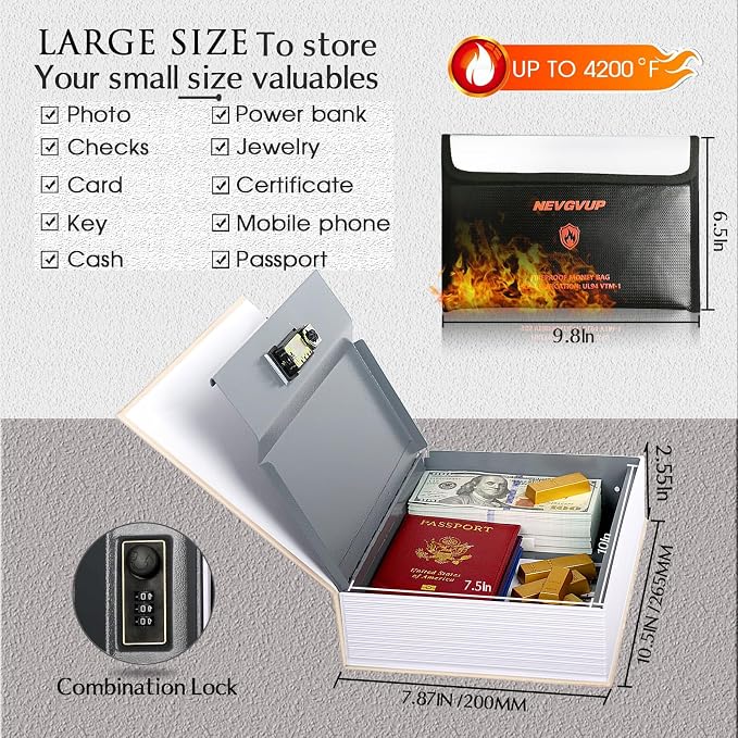 Diversion Book Safe with 4200°F Fireproof Money Bag and Combination Lock, 10.5" x 7.9" x 2.5" Fake Book Hidden Storage Safe, Hollow Secret Portable Metal Storage Box for Cash, Valuables- Leaning Tower - Image 2