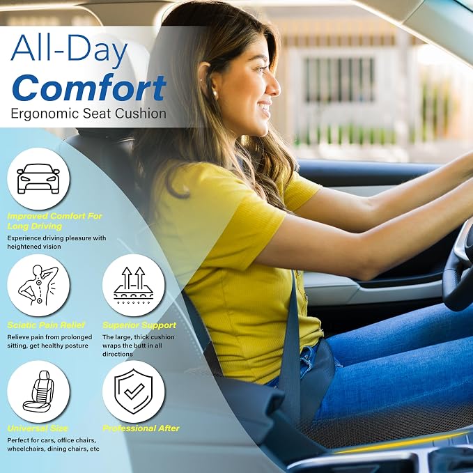Allaboutsla Car Seat Cushion for Driving, Car Seat Pillow for Short Drivers | Ergonomic Memory Foam Seat Cushion for Pain Relief, Adult Booster Seat for Car, Butt Cushion for Car, Truck, Office, Black - Image 3
