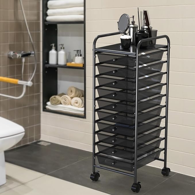 Simple Houseware 10 Drawers Rolling Utility Cart Organizer, Black | 1-Column, 36" Height, Lockable Wheels, for School, Office, Art Craft, and Paper Storage - Image 4