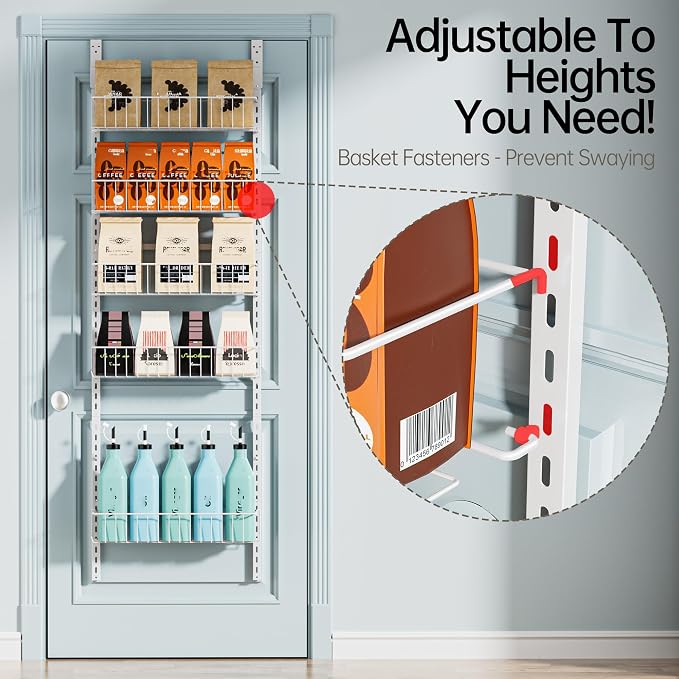 Delamu Adjustable Cabinet Door Organizer, 6-Tier Hanging Spice Rack Organizer, Metal Over the Door Pantry Organizer, Pantry Organizers and Storage Shelves for Kitchen Bathroom Laundry Room, White M - Image 2