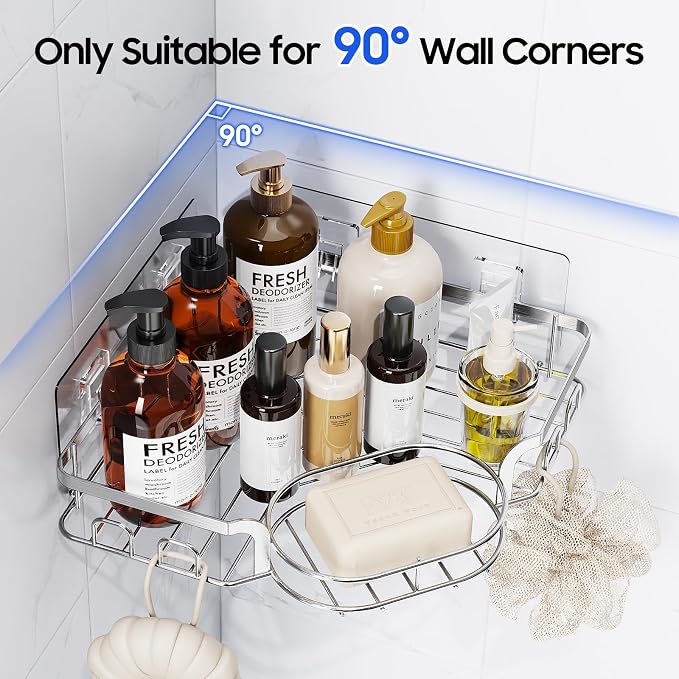 Corner Shower Caddy, Rustproof Shower Organizer with Soap Holder and 8 Hooks, No Drilling Adhesive Shower Shelves for Inside Shower, Large Capacity Shower Rack for Bathroom Shower Storage, Sliver - Image 3