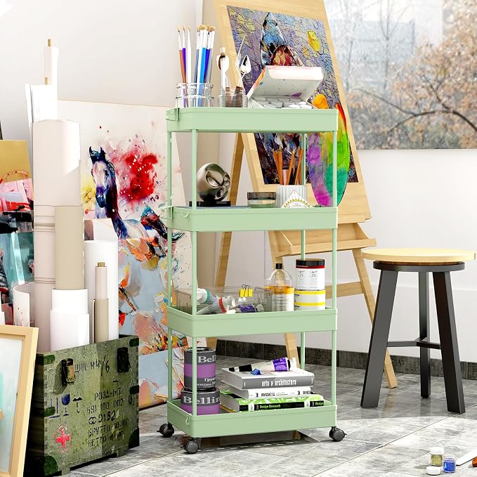 4 Tier Rolling Cart with Wheels, Storage Craft Art Trolley Organizer Serving, 3 Hanging Baskets Easy Assembly, for Office, Living Room, Kitchen - Image 5