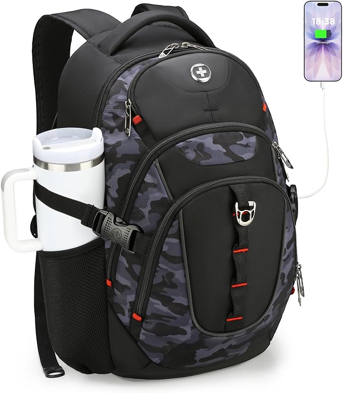Swissdigital Design Laptop Backpack with USB Charging Port, Travel Backpack Fits 15.6 inches Computer, 31L College School Backpack for Men, Gray Camo | SD803-91 by SwissdigitalDesign