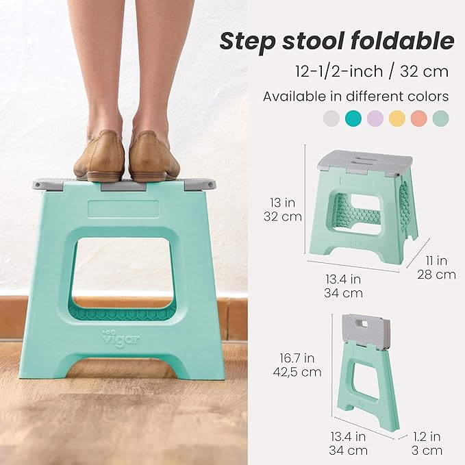 Vigar Compact Folding Step Stool, 12-1/2 in, Light Turquoise | 12-1/2 in Foldable Stool, Lightweight Portable Design, Handle, Non Slip Surface, Space-Saving, Supports up to 330 lb - Image 2