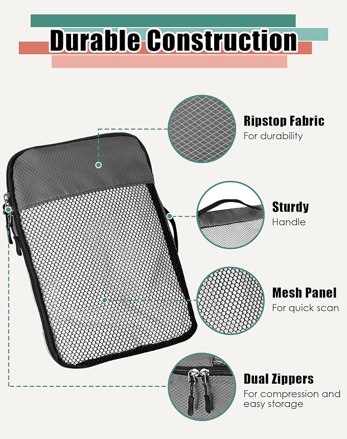 WTREE 4-Piece Packing Cubes Travel Accessories Set for Suitcases - Luggage Organizer Bags with Double Zipper - Mesh Top - Small - Dark Grey - Image 6
