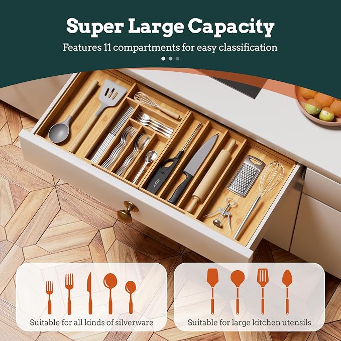 Bamboo Expandable Silverware Drawer Organizer, 11 Slots Utensil Holder | Magnetic Splice Design, Expandable 21-37.4 Inch, 11 Slots, Natural Bamboo, Large Capacity Kitchen Utensil Storage - Image 2