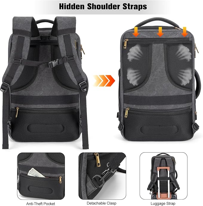 Tzowla 40L Canvas Expandable Travel Laptop Backpack for Men Women Carry on Flight Approved,Large Capacity Anti Theft Backpacks,Vintage Personal Item Bag Fit 17.3" Laptop(Black & Blue) - Image 5