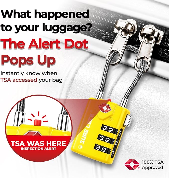 SURE LOCK TSA Approved Luggage Locks with Open Alert Indicator, 3 Digit Combination Cable Travel Lock for Suitcase, Backpack, Gym Locker, Toolbox & Travel Bag(2, Yellow) - Image 3
