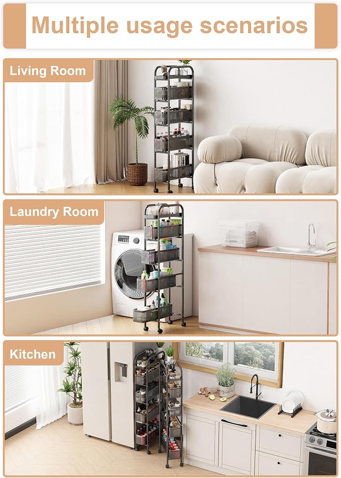 UMDONX 5-Tier Narrow Mobile Storage Cart with Pull-Out Baskets | The Multifunctional Pull-out Storage Rack Is Suitable for Bathrooms, Kitchens, and Laundry Rooms - Image 8