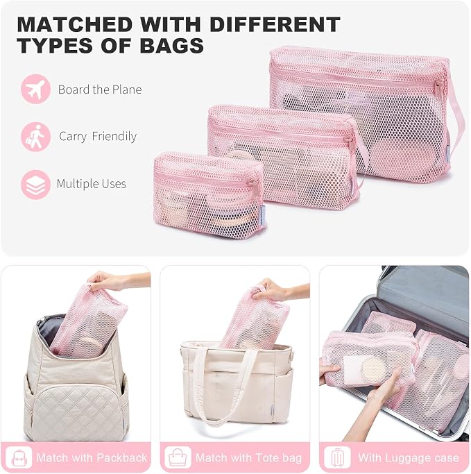 NOL 3-Pack Mesh Travel Toiletry Bags - Clear Zipper Travel Organizer, Airport Carry-On Compliant Reusable Cosmetic Makeup Bag for Women & Men (Pink) - Image 3