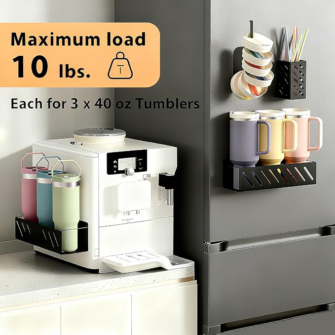 Magnetic Stanley Cup Holder 2-Pack, 6 Tumblers, Lid & Straw, Black | 2-pack magnetic holder for 6 Stanley 30/40 oz tumblers with accessories storage. Secure fridge mount, black. - Image 4