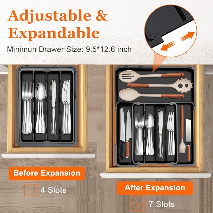 Silverware Organizer - Expandable Kitchen Drawer Organizer, Utensil Drawer Organizer, Adjustable Plastic Flatware and Cutlery Holder, Kitchen Organizers Storage for Forks Knives, Black - Image 3