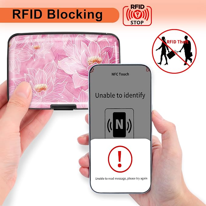 Mayski 2 Pack Credit Card Holder for Women RFID Blocking Wallet, Pink Lotus | Card Wallets for Women Small Mini Business Metal Accordion Aluminum Alloy Hard Case for Men - Image 2