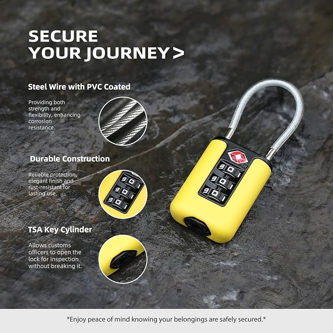 TSA Approved Luggage Locks, 3-Digit Waterproof Padlock, Combination Travel Cable Lock, Lockers, Suitcases, Toolboxes (Yellow+Blue) - Image 5