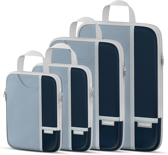 Percover Compression Packing Cubes for Travel, 4-Piece Structured Compression Organizer Set with Label Pockets for Carry-On & Checked Luggage, Navy Blue by Unknown