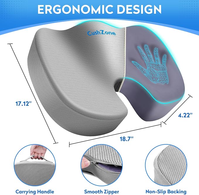 CushZone XXL Memory Foam Seat Cushion for Office & Car, Light Gray | U-shaped Coccyx Cutout, Contoured Design, Breathable Removable Mesh Cover, Non-Slip Base, Carry Handle - Image 4