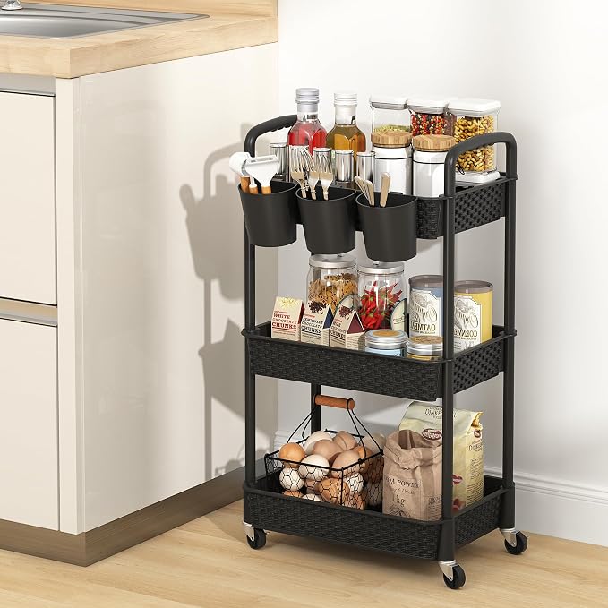 MOYIPIN 3-Tier Plastic Rolling Utility Cart with Handle,Utility Storage Cart for Office, Living Room, Kitchen,Movable Storage Organizer Shelves,Black with 3 Hanging Cups - Image 5