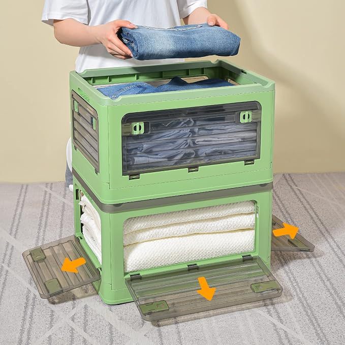 32Qt Plastic Storage Bins with Lid, Collapsible Storage Bins with Wheels, Storage Boxes with 4 Doors, Stackable Storage Bins for Organizing Clothes, Snacks and Camping, 2-Pack (Green) - Image 5