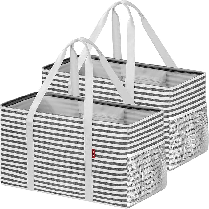 LHZK 2 Pack Extra Large Utility Tote Bag with Metal Wire Frame and the Sides Rinforced, Extra Large Tote Bag with Handle for Pool Beach Laundry Storage, Black by LHZK
