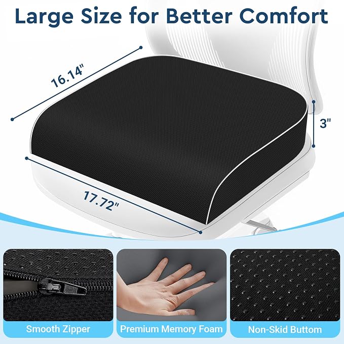 Seat Cushion, Memory Foam Office Chair Cushion, Black, Large | Office Desk Accessories, Butt Pillow for Long Sitting Sciatica, Coccyx, Tailbone, Hip Pain Relief - for Home, Car, Airplane - Image 2