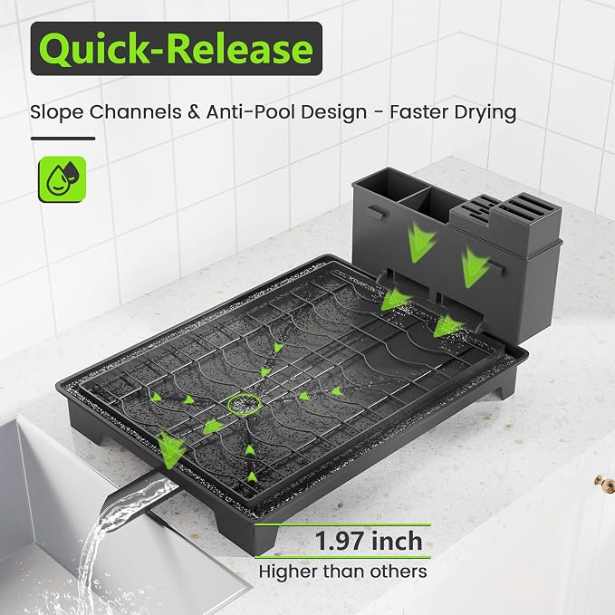 2-Tier Foldable Dish Drying Rack with Drainboard, Stainless Steel Large Capacity Kitchen Counter Organizer with Cup Holder, Utensil & Cutting Board Storage, No Assembly Required, Black - Image 3