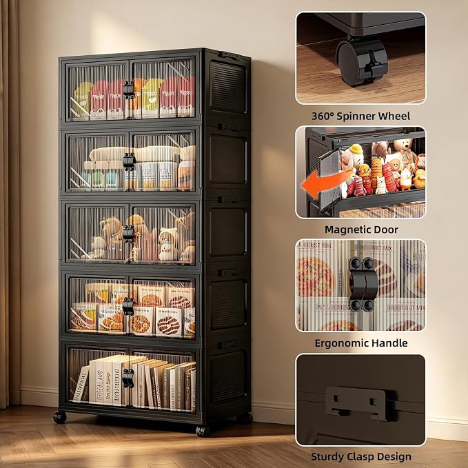 5-Tier Foldable Storage Cabinet with Wheels & Lid, 242QT Large Stackable Organizer, No Tool Required, Storage Cabinet for Garage, Home Office, Pantry, Kitchen, Dorm - Image 4