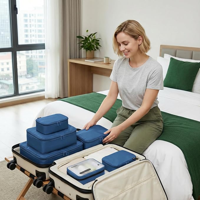 6 Set Compression Packing Cubes for 7–14 Day Travel, Dark Blue | Nylon Oxford Fabric, Full Breathable Mesh, Reinforced Double-Zipper, Small to Large Size Bag, Expandable Packing System - Image 4