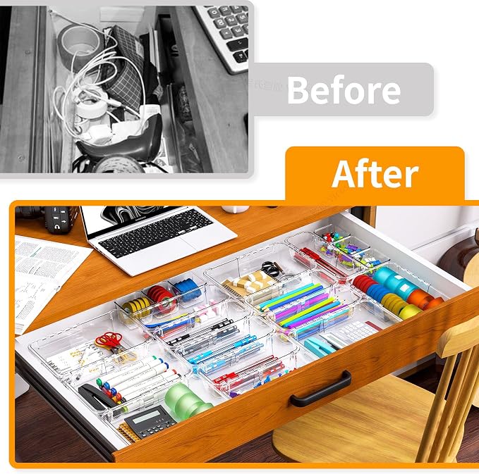 16 Pcs Extendable Clear Drawer Organizer, All Adjustable Vanity Storage Box, 2-Size Desk Drawer Organizer, Durable Storage Bins for Makeup, Cosmetic, Bedroom Dressers Tool Organizer for Gadgets - Image 4