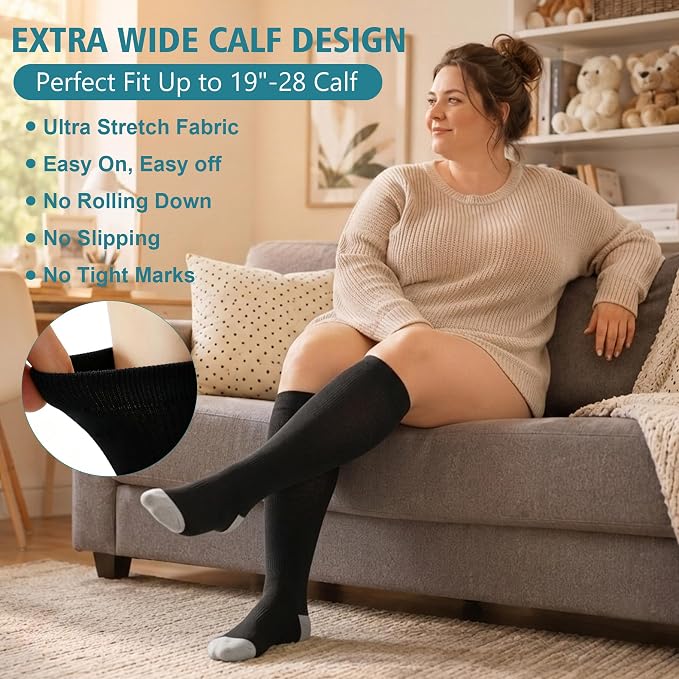 3 Pairs Wide Calf Compression Socks for Women Men 20-30 mmHg Knee High | Plus Size, Graduated Compression, Circulation Support, Tired Legs & Swelling Relief; Sports, Travel, Nurses, Daily Wear - Image 6