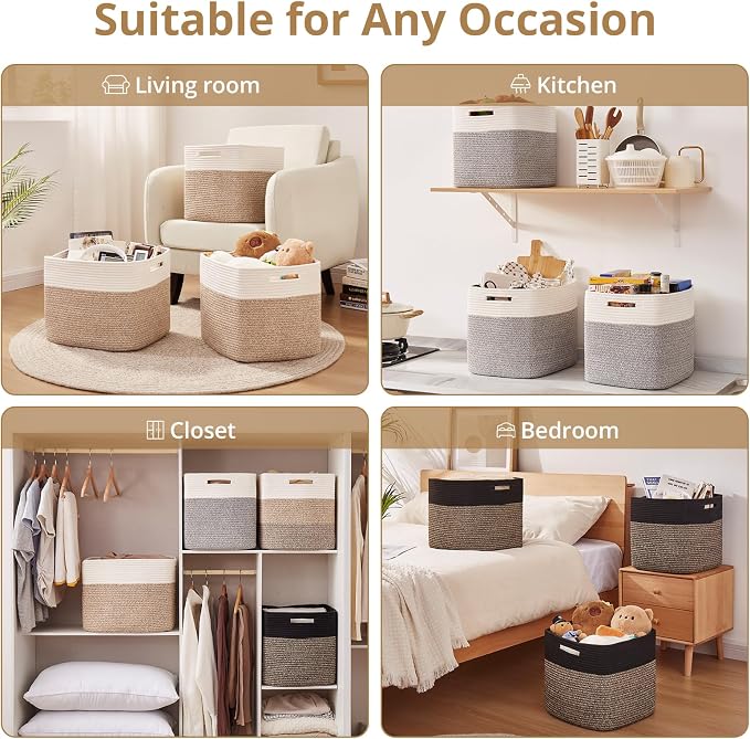 OIAHOMY 13 Inch Cube Storage Bins, 3-Pack Cotton Rope Woven Baskets for Organizing, Insert Storage Baskets for Shelves, Baby Nursery, Closet Organizer, 13 * 13 * 12.6IN, Gradient Brown - Image 6