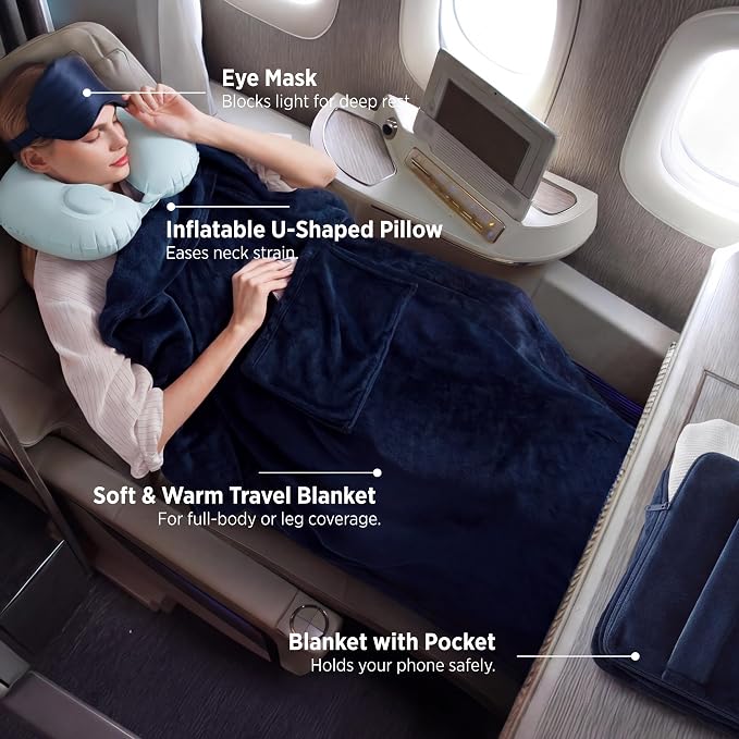 Bedsure Travel Blanket Set with Inflatable Neck Pillow and Eye Mask - Lightweight 3-in-1 Airplane Packable Blanket, Compact Travel Essentials, Navy - Image 2