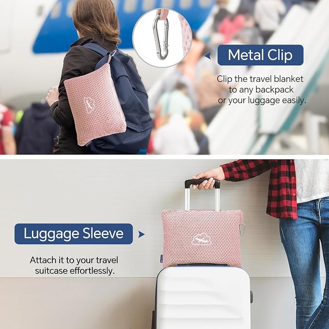 BEDELITE Travel Blanket with Bag, Jacquard Fleece Blanket 65"x40", Pink | Ultra-soft Airplane Blanket, Luggage Sleeve & Backpack Clip, Travel Essentials for Women, Foldable as Pillow for Long Flight - Image 4