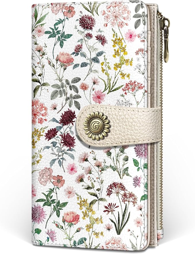 GIANCOMICS Flower Wildflower Womens Wallet RFID, Credit Card Holder Bifold | Billfold, Cute Cash Purse, Travel Zipper Coin Pocket, Compact Clutch, PU Leather, ID Window, 11 Card Slots, Ladies Gift Woman by Giancomics