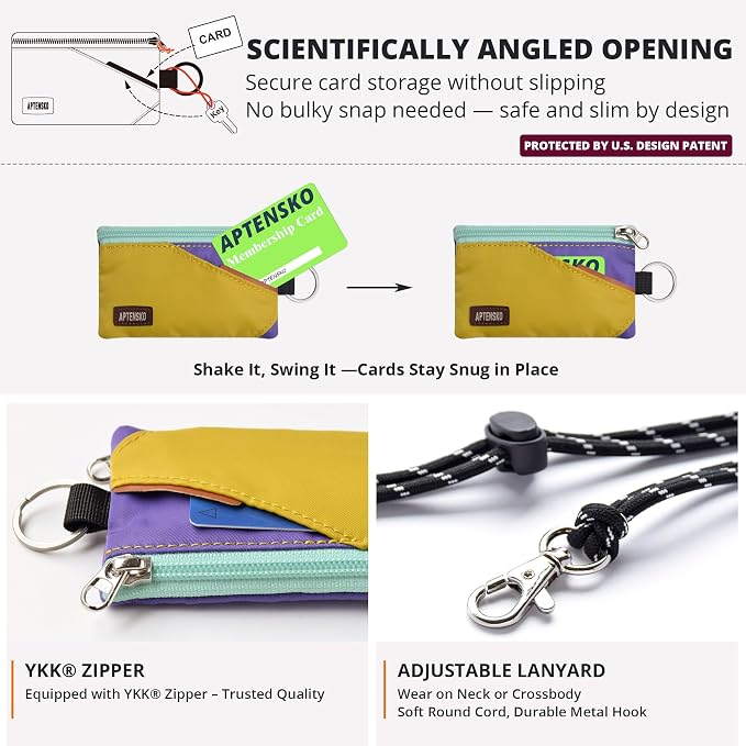 RFID Blocking Travel Wallet with Adjustable Lanyard, Small Nylon Zipper Pouch and Badge Holder for ID, Credit Cards, Cash, Keys, Commuters (DarkYellow+Violet) - Image 5