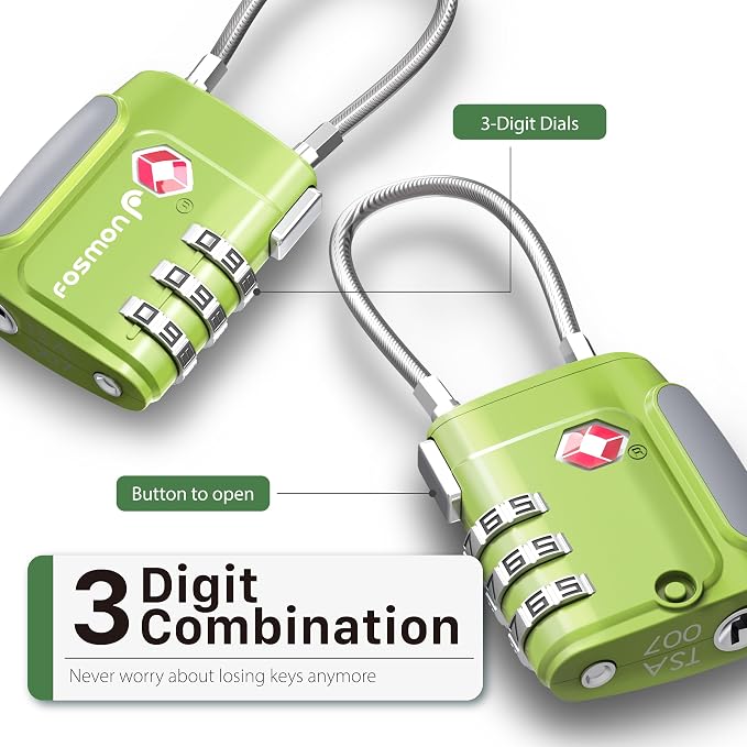 Fosmon TSA Approved Cable Luggage Locks, 3 Digit Combination, 2 Pack | Push Release Button, 3 Digit Long Shackle, Flexible Wire Padlock, Suitcase Backpack Travel Lock, Gym Locker Security - Image 3