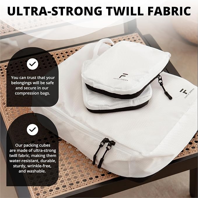 8 Piece Compression Packing Cubes Set - Double Capacity Design for Travel - Small, Medium & Large Sizes - Carry-On Suitcase Organizer Bags (White) - Image 7