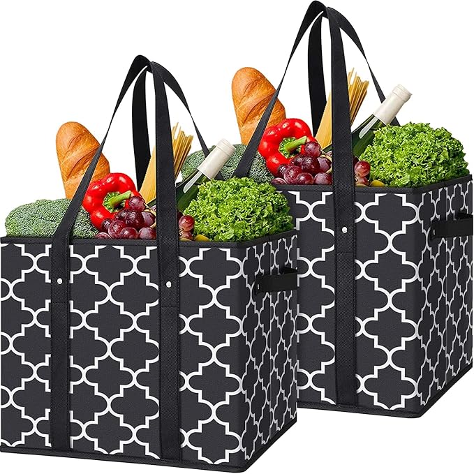 Reusable Grocery Bags 2-Pack Foldable Washable Large Storage Basket, Black | Water Resistant Shopping Tote Bag Bins by WiseLife