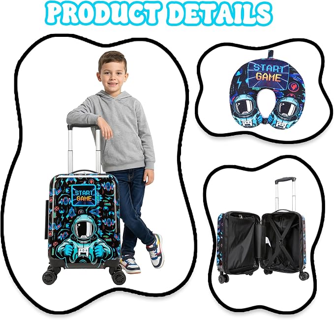 Kid's Luggage Set for Travel Toddler Suitcases with Wheels 2 Piece Boys Suitcase Set with Neck Pillow Hardshell 16" Carry on Hardside Luggage - Image 4
