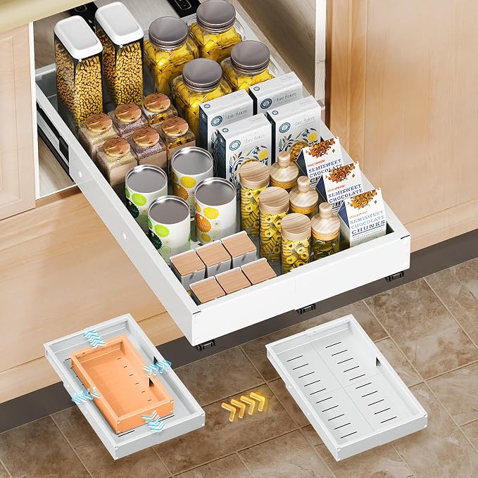Pull Out Drawers for Cabinets, 1 Pack Slide Out Drawer Expandable Width (10"-16") and Depth (17"-25") with 3 Slide Rails, Fixed with Adhesive Film or Nail for Cabinets in Kitchen, Pantry or Bathroom by MakfonerCabinetOrganizer