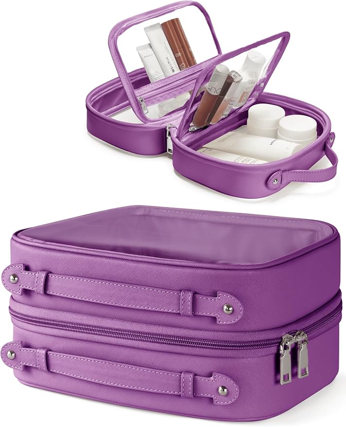 Clear Cosmetic Bag Double Layer Travel Toiletry Bag Clear Makeup Bag Case with 4 Compartments, Transparent Travel Bag for Toiletries, Large Toiletry Bag for Women Cosmetic Case (Purple, Large) by Oaque