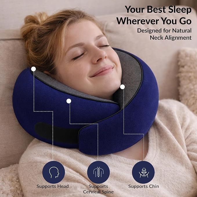Travel Neck Pillow,Ergonomic 360° Memory Foam Support for Head, Neck. Adjustable for Long Flights. Soft &Washable Cover, EVA Box, 3D Eye Mask, Earplugs, Hair Tie & Luxury Bag (Dark Blue) - Image 7
