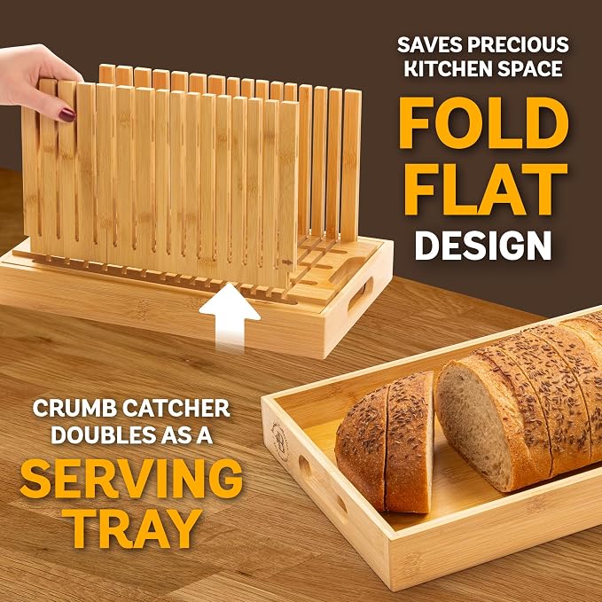 Bambüsi Bread Slicer for Homemade Bread - Upgraded Adjustable Bamboo Bread Cutter Board, Foldable Slicing Guide with Crumb Tray for Sourdough, Artisan Loaves, Bagels, Cakes, Bakery Kitchen Gadget Gift - Image 4