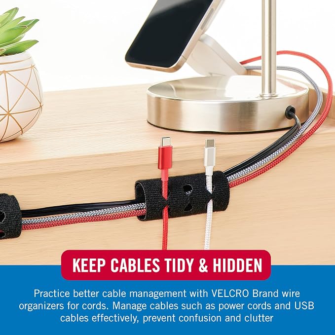 VELCRO Brand Cord Organizer for Desk Cable Management, Nightstand Organization, Unique Dual Function Cable Sleeve Cord Keepers Combo, Holds Wires for Easy Access, Route to Hide, Small 2pk Black - Image 3