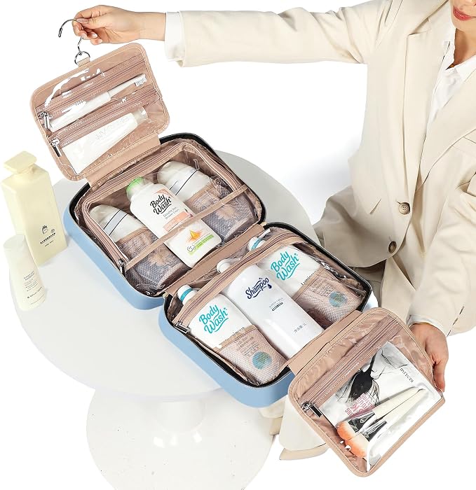 NISHEL Travel Toiletry Bag for women, Portable Hanging Organizer for Family-Sized Shampoo, Conditioner, Brushes Set, Makeup Accessories, Extra Large Size, Placid-Blue | for Family-Sized Shampoo, Conditioner, Brushes Set, makeup Accessories, Extra Large... - Image 2